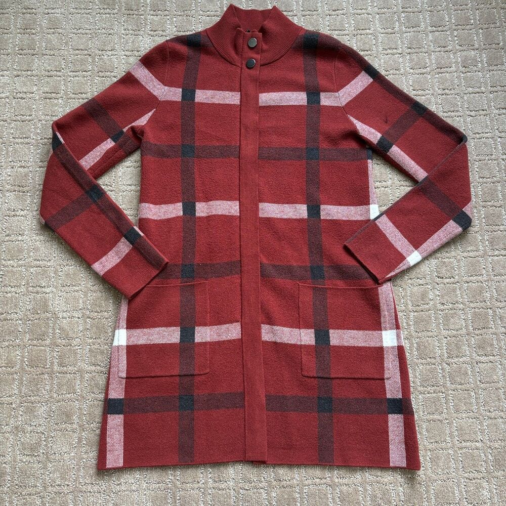 Tahari Plaid Mid Length Duster Jacket Women's S Fleece Red Orange Pockets Zip